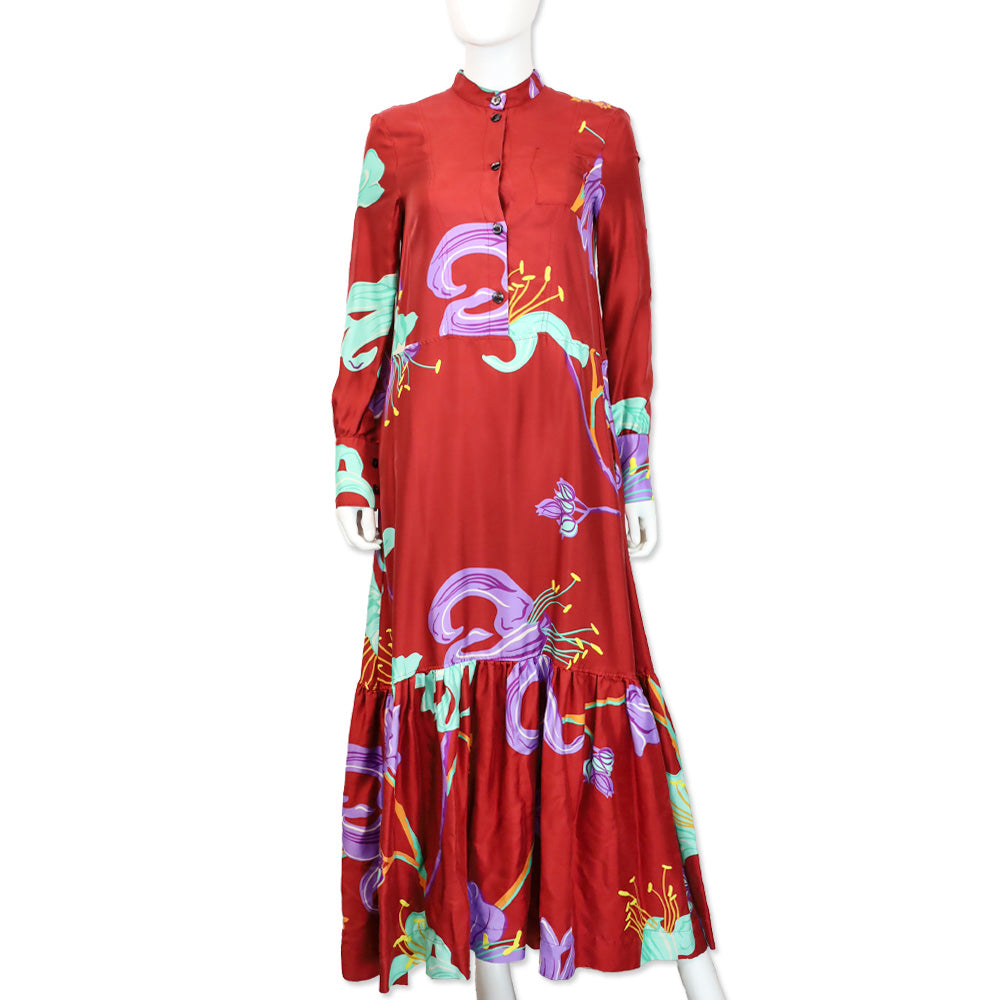 La DoubleJ with Mantero Red Floral Satin Long Sleeve Button Front Maxi Dress