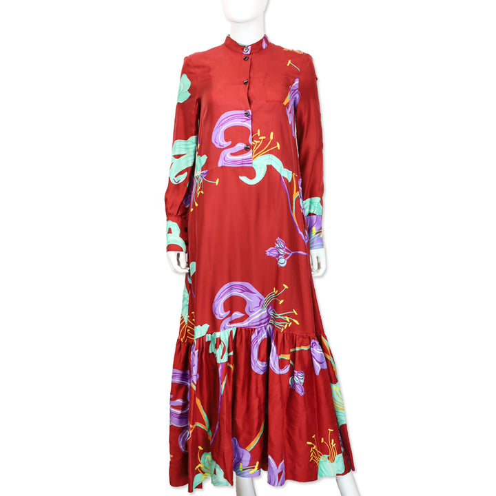 La DoubleJ with Mantero Red Floral Satin Long Sleeve Button Front Maxi Dress