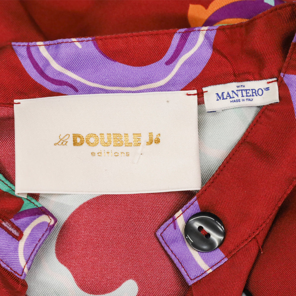 La DoubleJ with Mantero Red Floral Satin Long Sleeve Button Front Maxi Dress