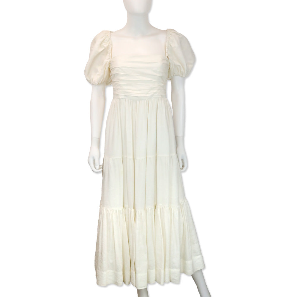 La Ligne White Linen/Viscose Puff Shoulder Sofia Midi Dress