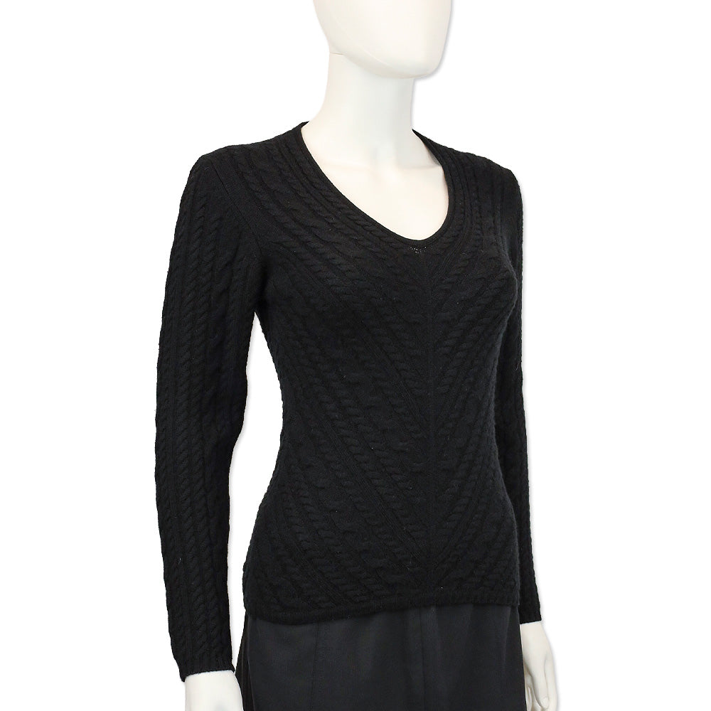 Loro Piana Black Cable Knit Cashmere V-Neck Sweater
