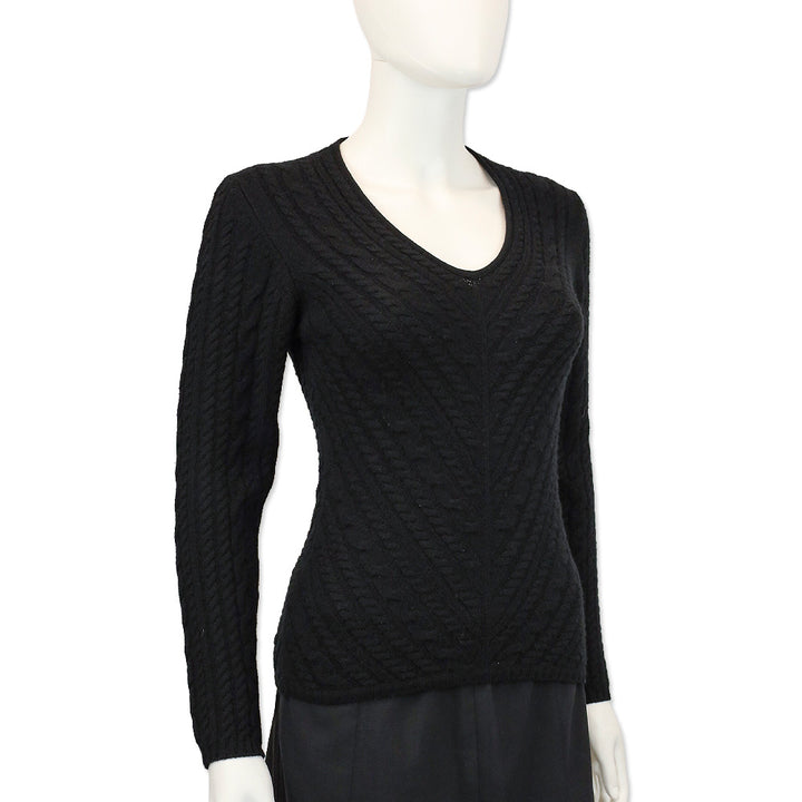 Loro Piana Black Cable Knit Cashmere V-Neck Sweater