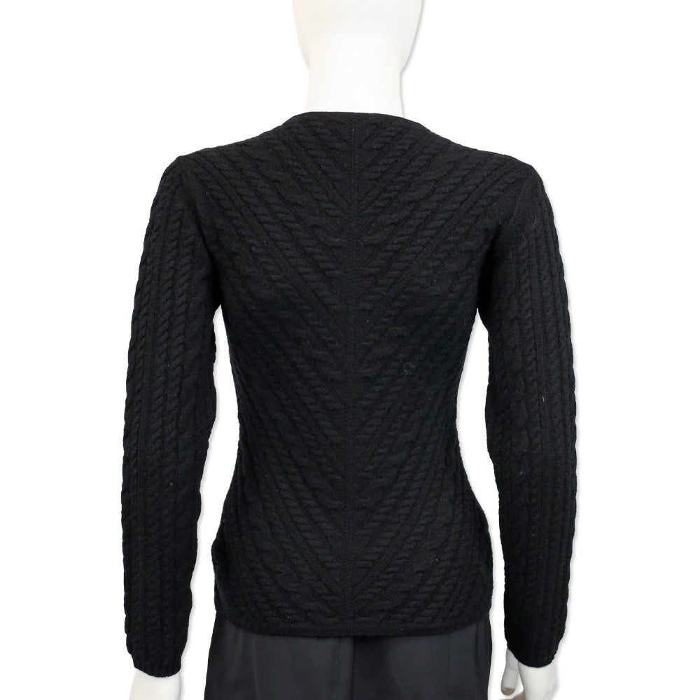 Loro Piana Black Cable Knit Cashmere V-Neck Sweater