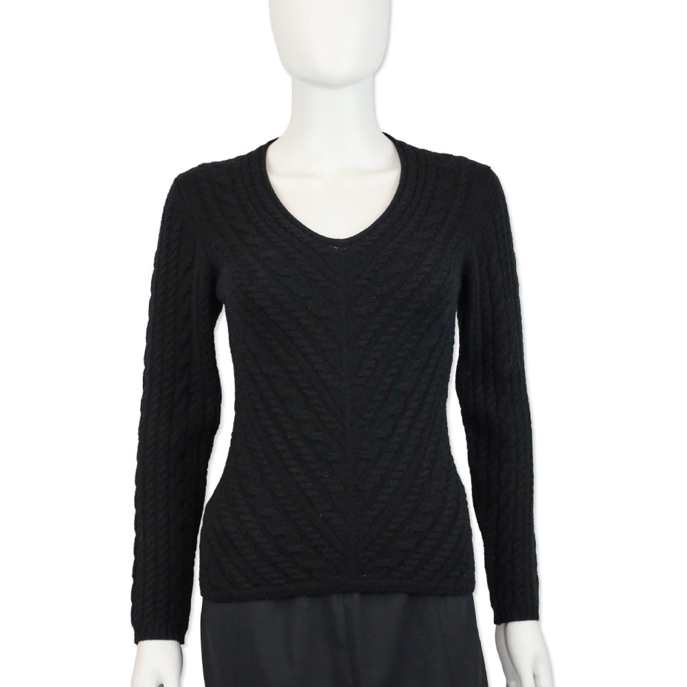 Loro Piana Black Cable Knit Cashmere V-Neck Sweater