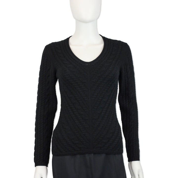 Loro Piana Black Cable Knit Cashmere V-Neck Sweater
