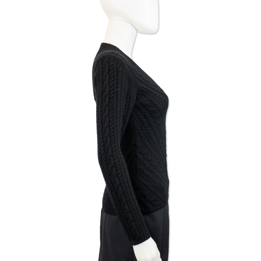 Loro Piana Black Cable Knit Cashmere V-Neck Sweater
