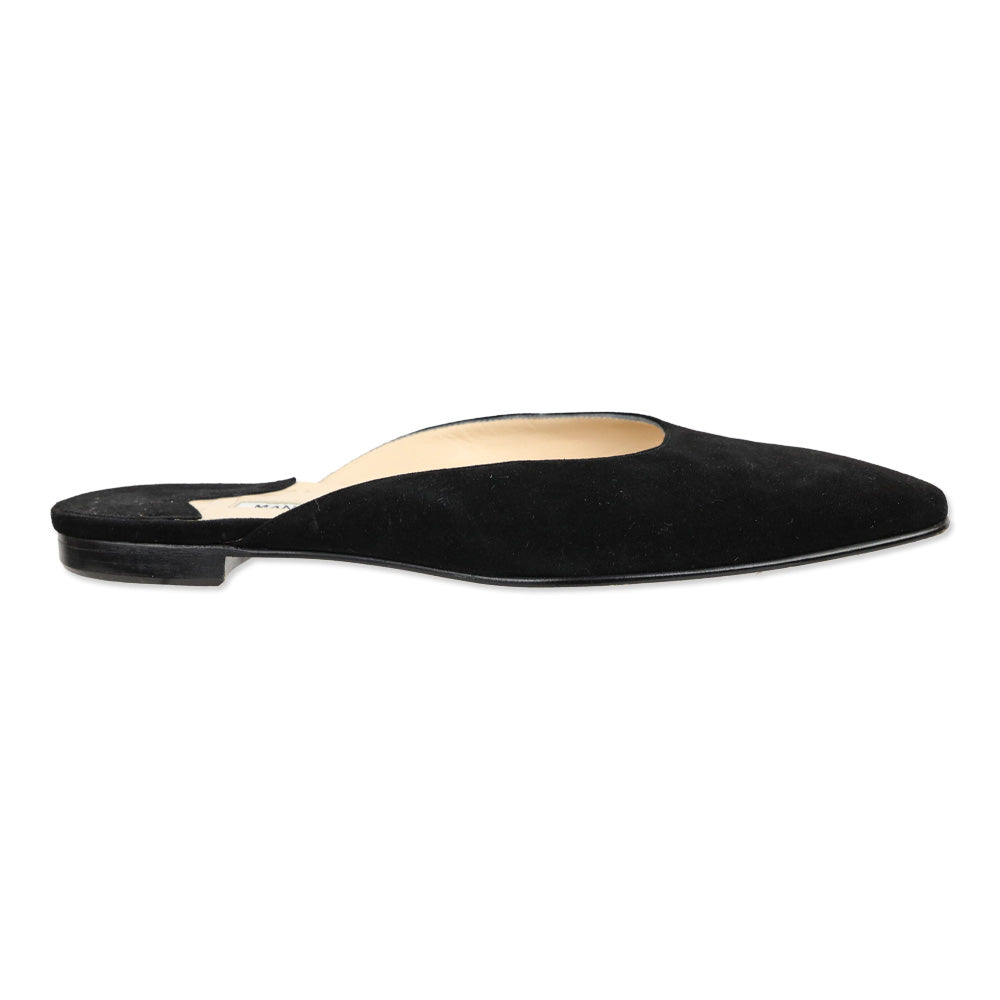 Manolo Blahnik Black Suede Flat Mules | DBLTKE Luxury Consignment