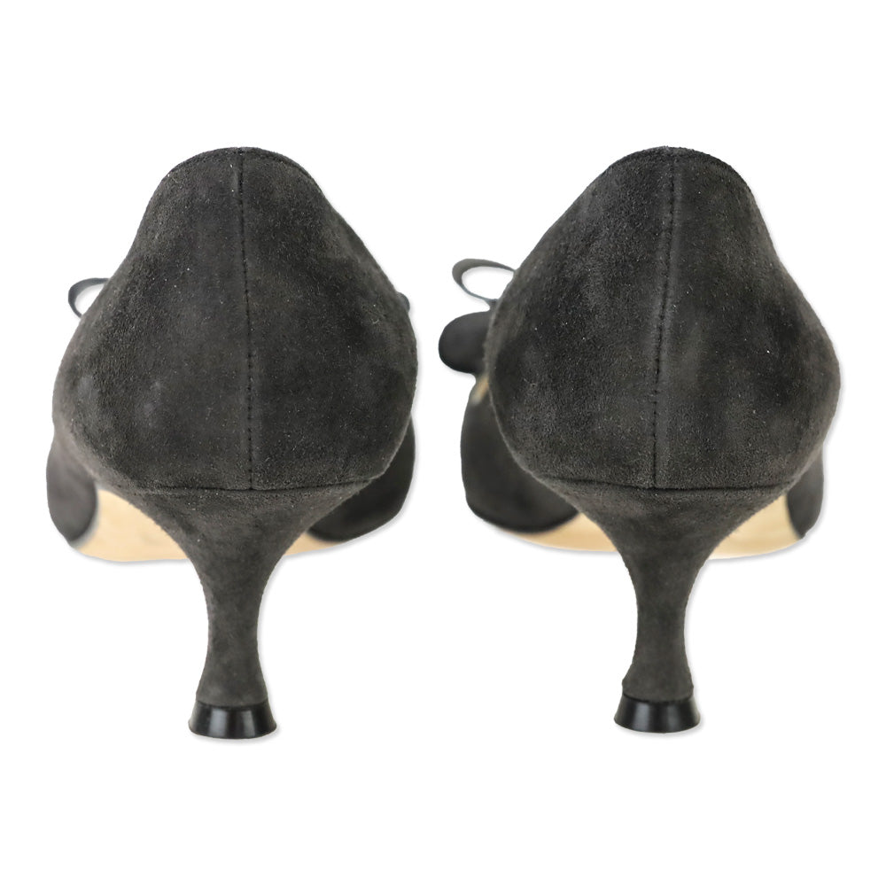 Manolo Blahnik Dark Grey Suede Bow Accent Kitten Pumps