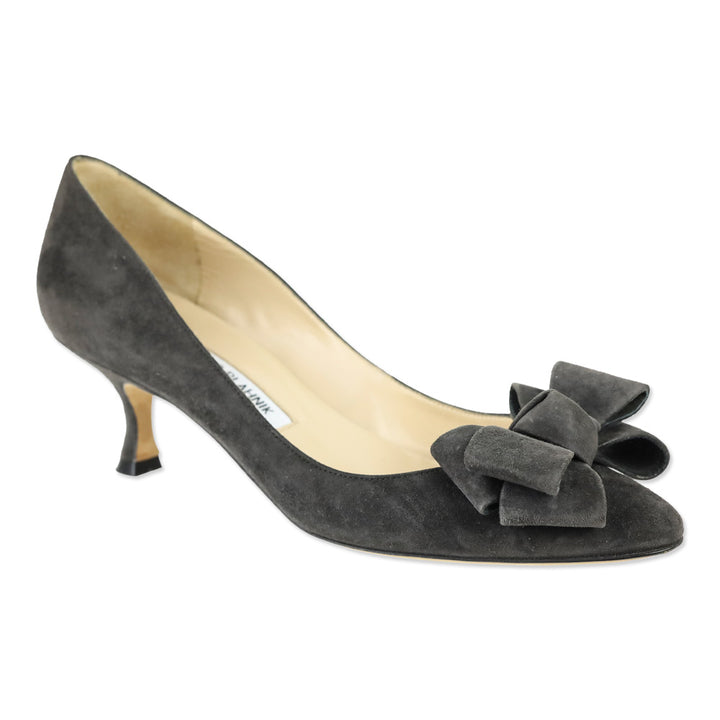 Manolo Blahnik Dark Grey Suede Bow Accent Kitten Pumps