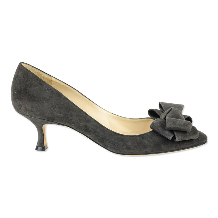 Manolo Blahnik Dark Grey Suede Bow Accent Kitten Pumps
