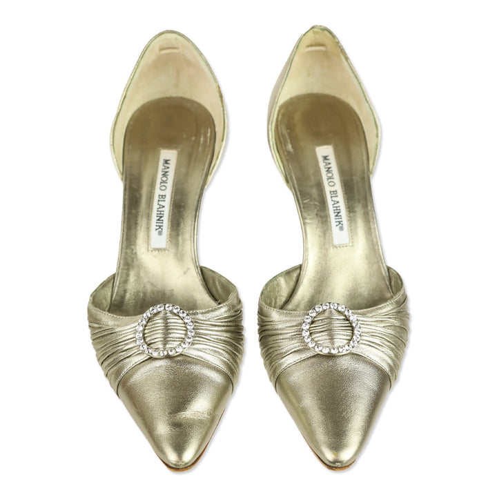 Manolo Blahnik Gold Leather Crystal Detail D'Orsay Pumps