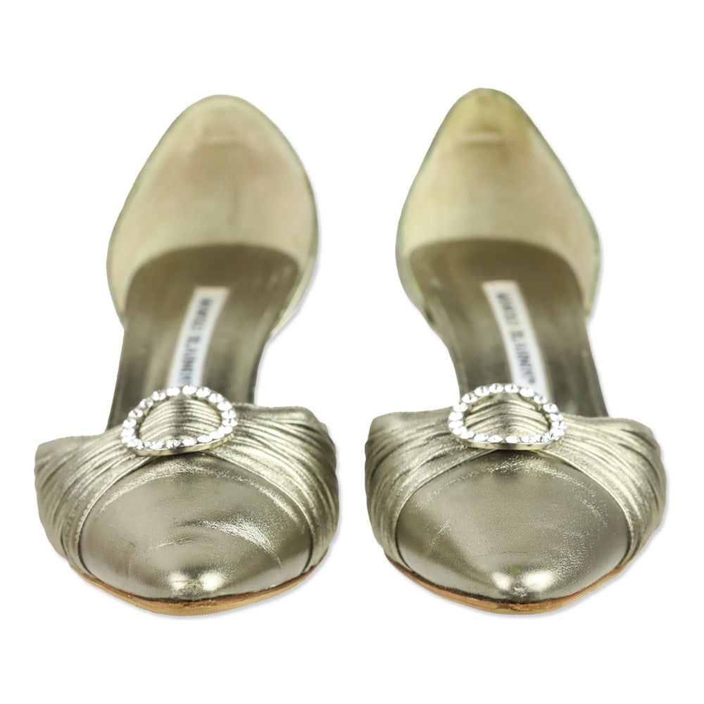 Manolo Blahnik Gold Leather Crystal Detail D'Orsay Pumps