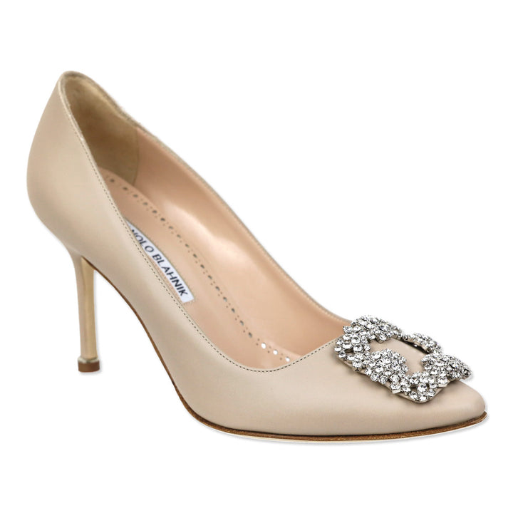 Manolo Blahnik Hangisi 90 Beige Calf Leather Jewel Buckle Pumps