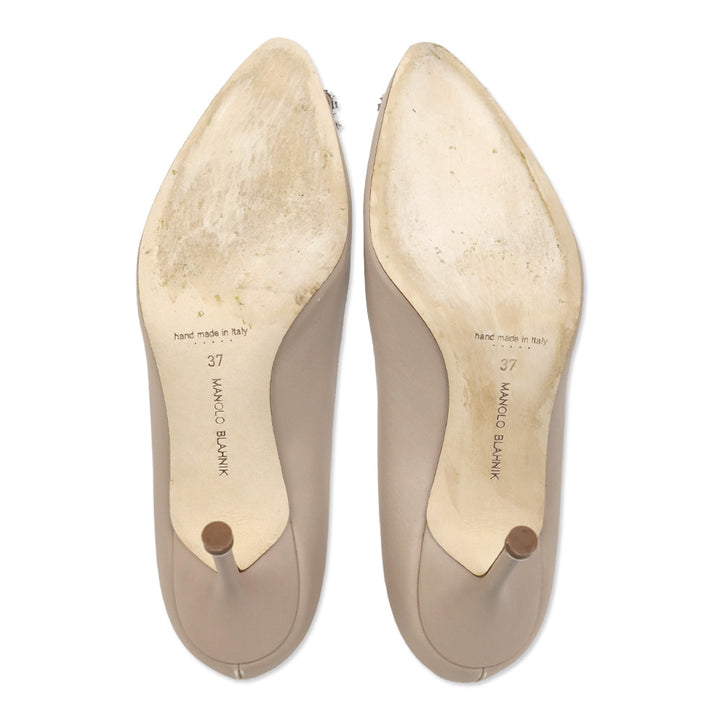 Manolo Blahnik Hangisi 90 Beige Calf Leather Jewel Buckle Pumps