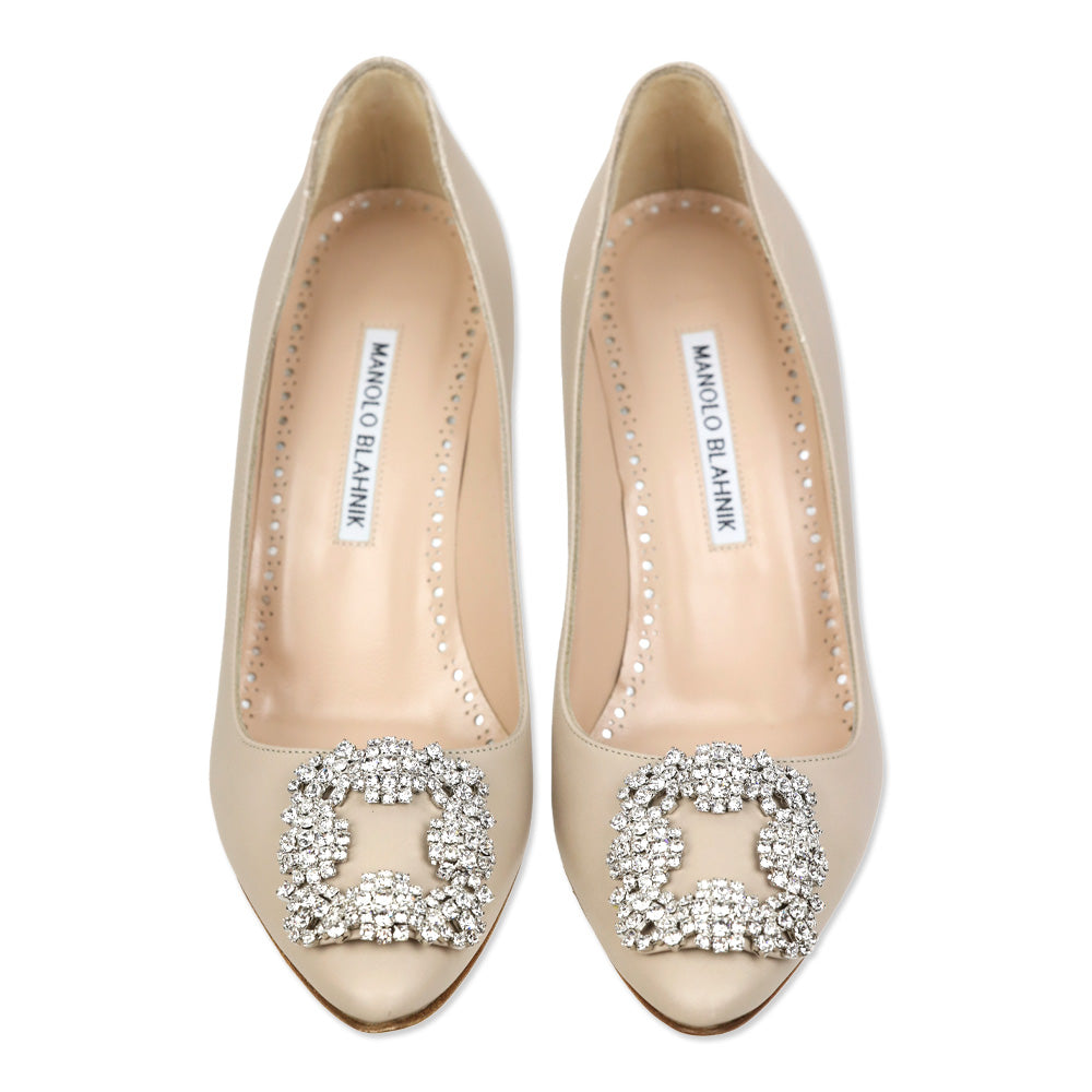 Manolo Blahnik Hangisi 90 Beige Calf Leather Jewel Buckle Pumps