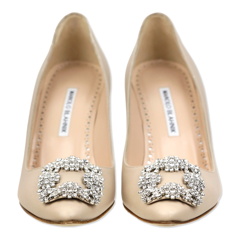 Manolo Blahnik Hangisi 90 Beige Calf Leather Jewel Buckle Pumps