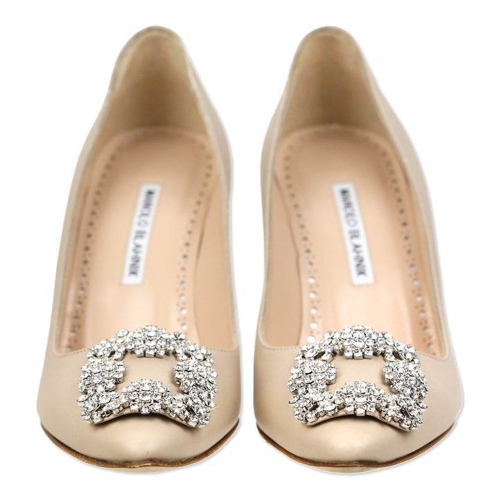 Manolo Blahnik Hangisi 90 Beige Calf Leather Jewel Buckle Pumps