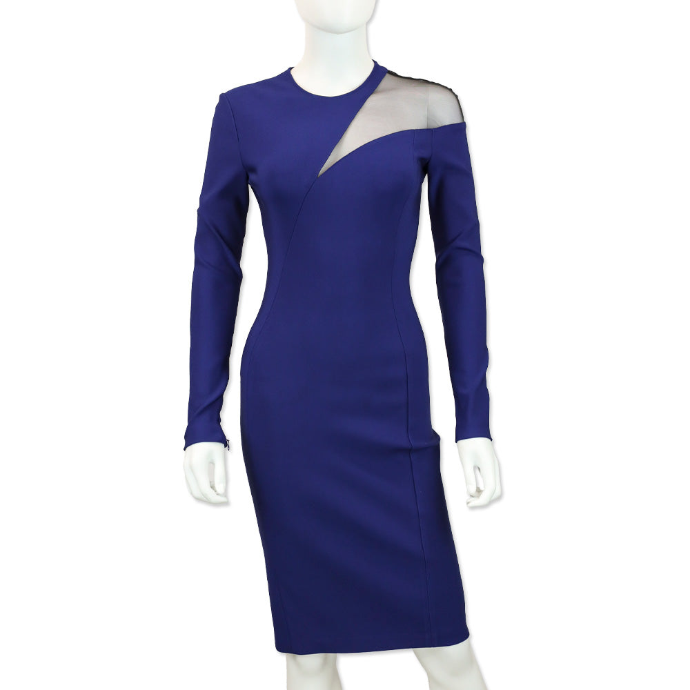Mugler Blue Viscose Long-Sleeve Sheet Dress with Mesh Panel | DBLTKE Luxury Consignment Boutique Mugler Blue Viscose Long-Sleeve Sheet Dress with Mesh Panel | DBLTKE Luxury Consignment Boutique