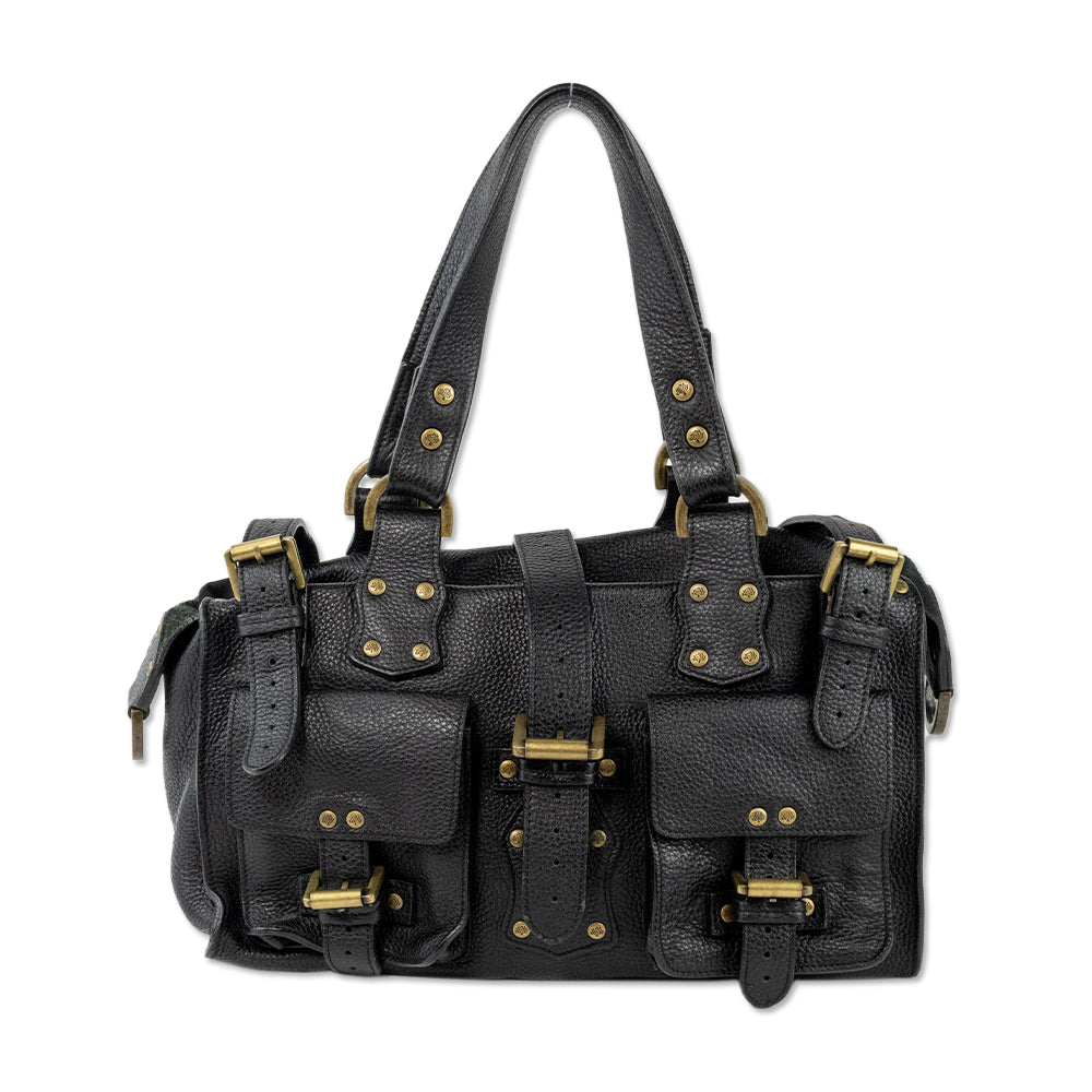 Mulberry Black Leather Shoulder Bag with Exterior Pockets and Brass Toned Hardware DBLTKE Luxury Consignment Boutique