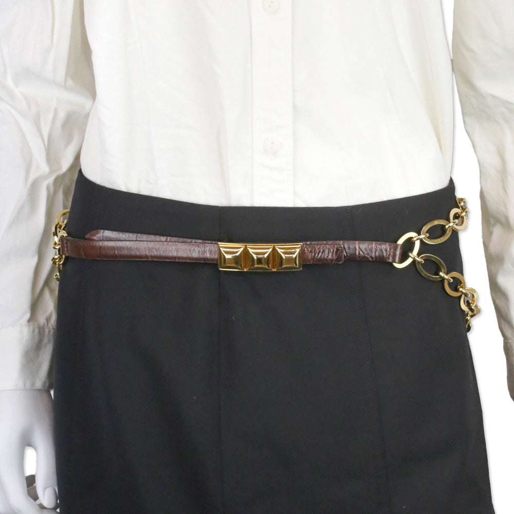 Orciani Brown Croc-Embossed Leather Gold Chain Belt