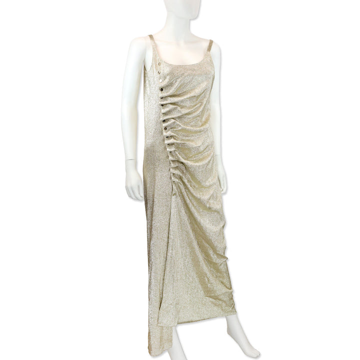Paco Rabanne Gold Sleeveless Drapé Pression Maxi Dress