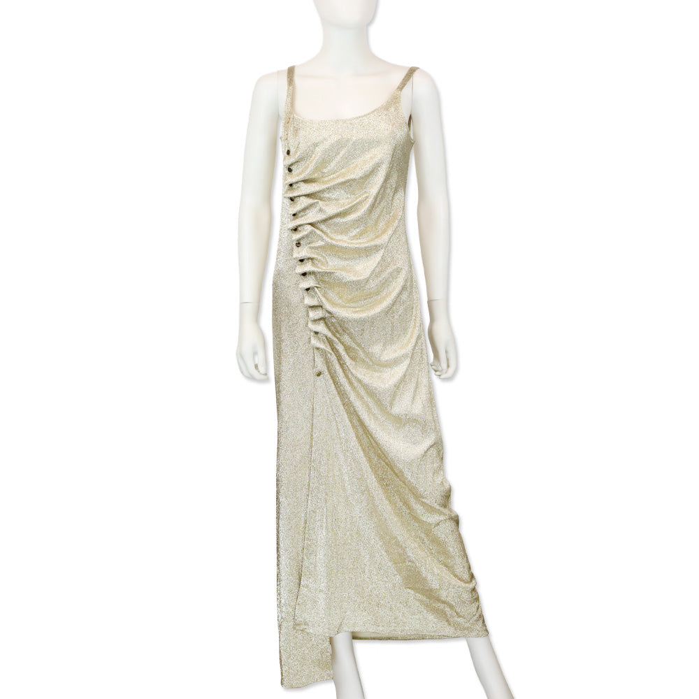 Paco Rabanne Gold Sleeveless Drap Pression Maxi Dress | DBLTKE Luxury Consignment Boutique Paco Rabanne Gold Sleeveless Drap Pression Maxi Dress | DBLTKE Luxury Consignment Boutique