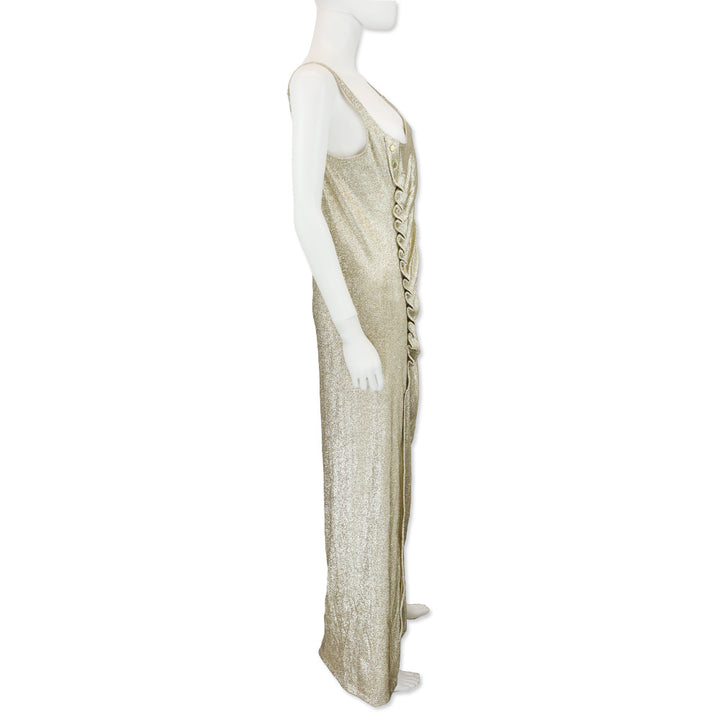 Paco Rabanne Gold Sleeveless Drapé Pression Maxi Dress