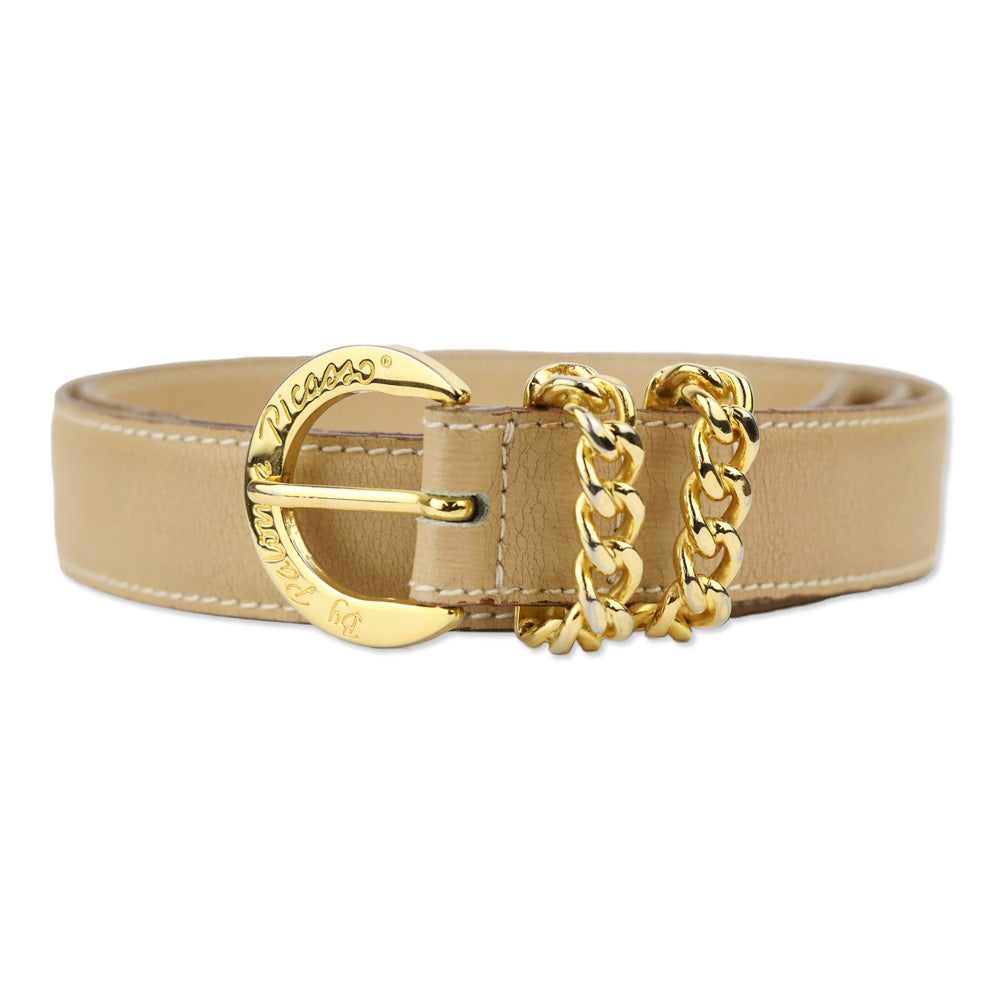 Paloma Picasso Vintage Tan Leather Belt with Gold Chain Link  display picture 1