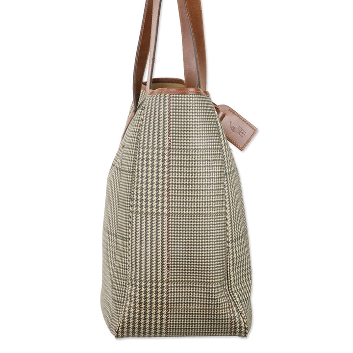 Polo Ralph Lauren Tan Houndstooth Print Large Tote with Gold Hardware