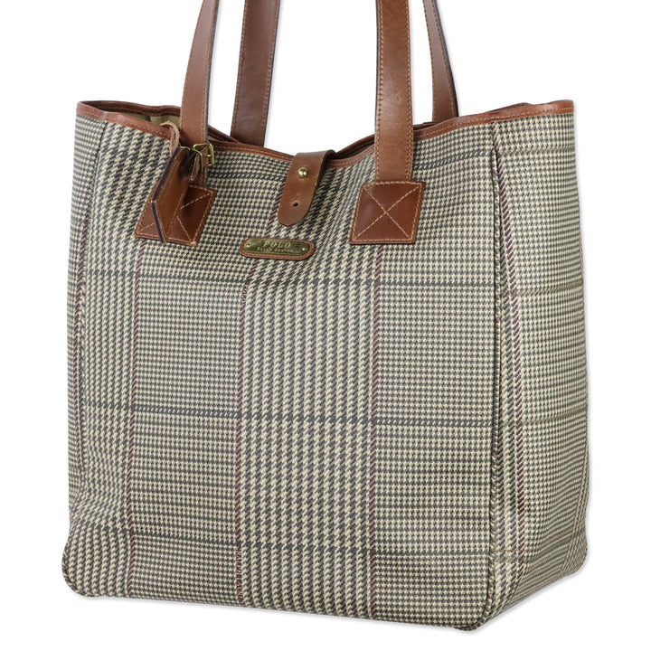 Polo Ralph Lauren Tan Houndstooth Print Large Tote with Gold Hardware
