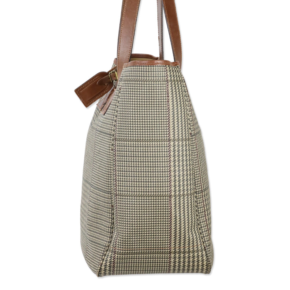 Polo Ralph Lauren Tan Houndstooth Print Large Tote with Gold Hardware