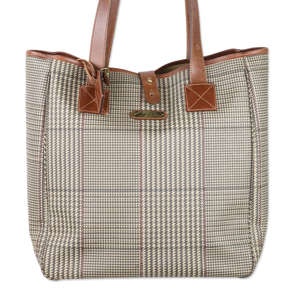 Polo Ralph Lauren Tan Houndstooth Print Large Tote with Gold Hardware