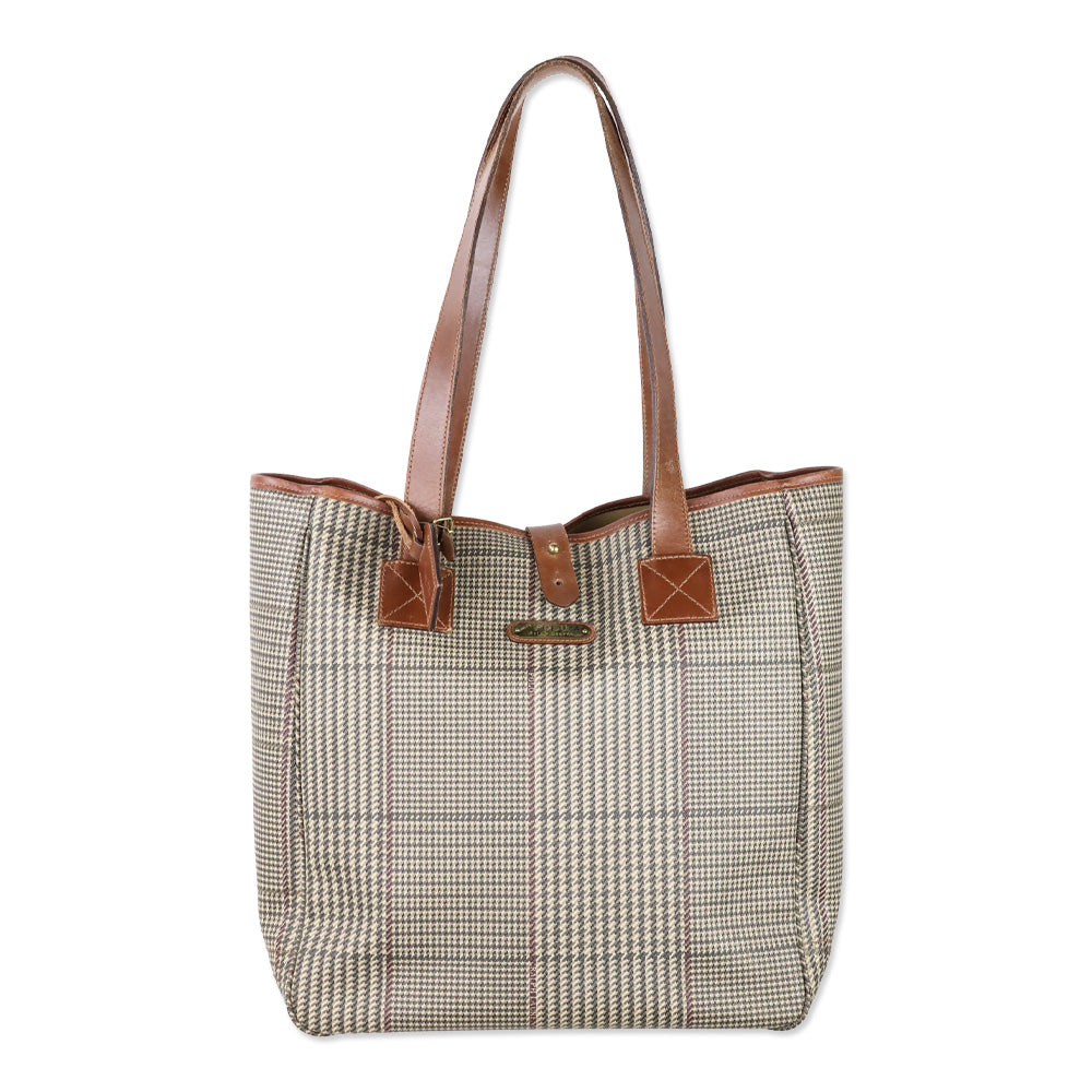 Polo Ralph Lauren Tan Houndstooth Print Large Tote with Gold Hardware