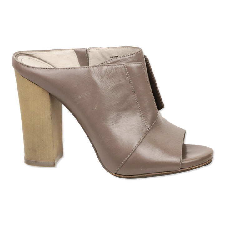 Pour La Victoire Taupe Leather Eva Peep Toe Block Heel Mules