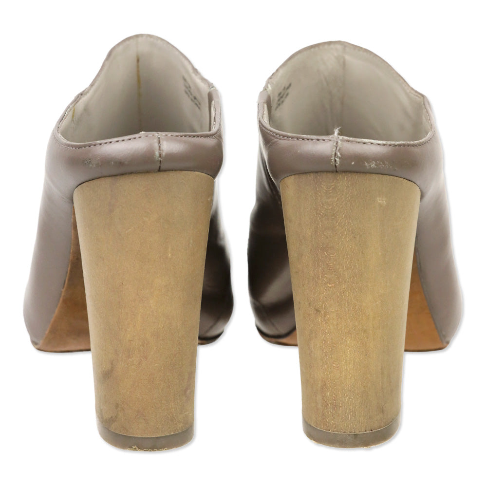 Pour La Victoire Taupe Leather Eva Peep Toe Block Heel Mules