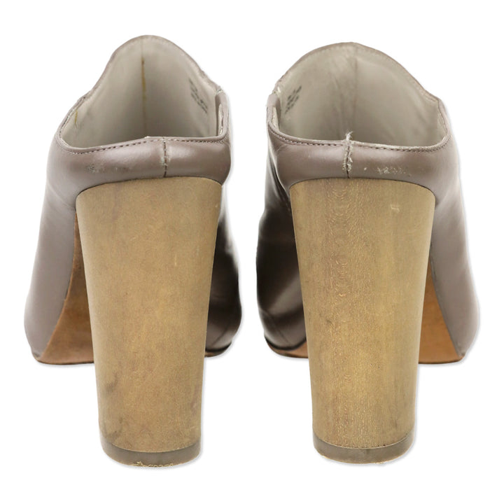 Pour La Victoire Taupe Leather Eva Peep Toe Block Heel Mules