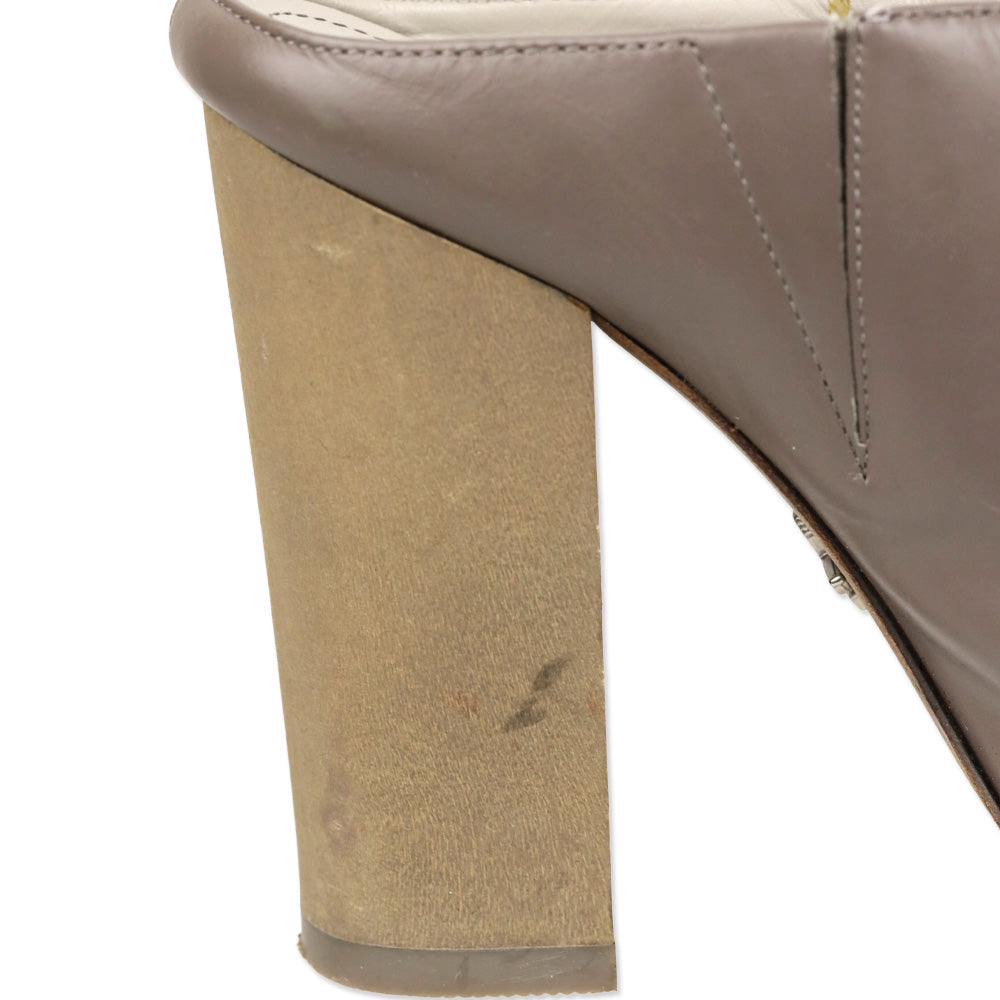 Pour La Victoire Taupe Leather Eva Peep Toe Block Heel Mules