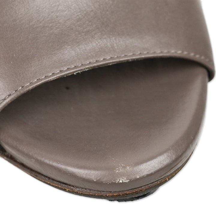 Pour La Victoire Taupe Leather Eva Peep Toe Block Heel Mules