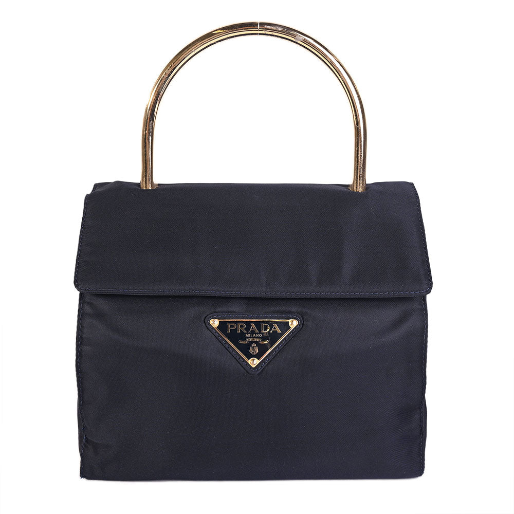 バッグ vintage prada gold handle nylon hand bag Prada Vintage Navy Nylon Gold Handle Bag | DBLTKE Luxury