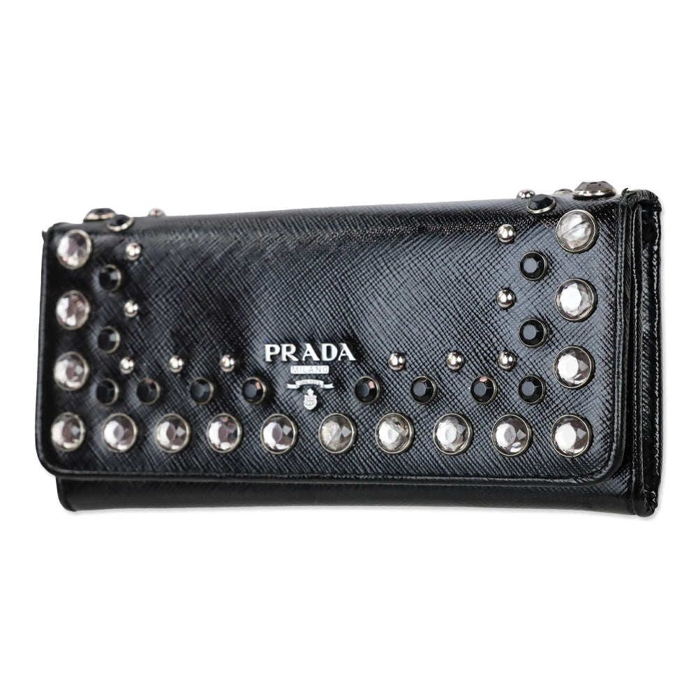 Prada Black Patent Saffiano Leather Crystal Studded Long Bifold Wallet