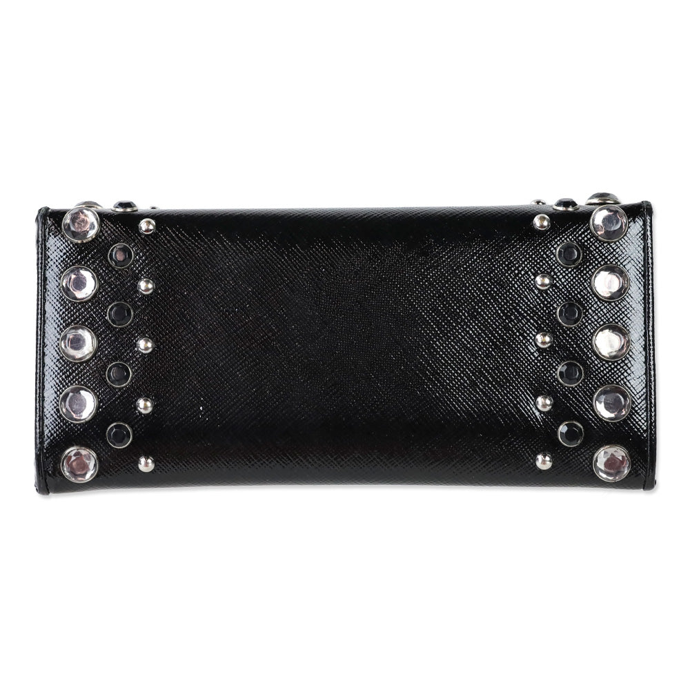 Prada Black Patent Saffiano Leather Crystal Studded Long Bifold Wallet