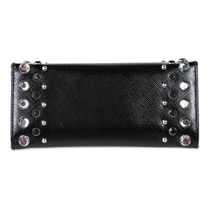 Prada Black Patent Saffiano Leather Crystal Studded Long Bifold Wallet