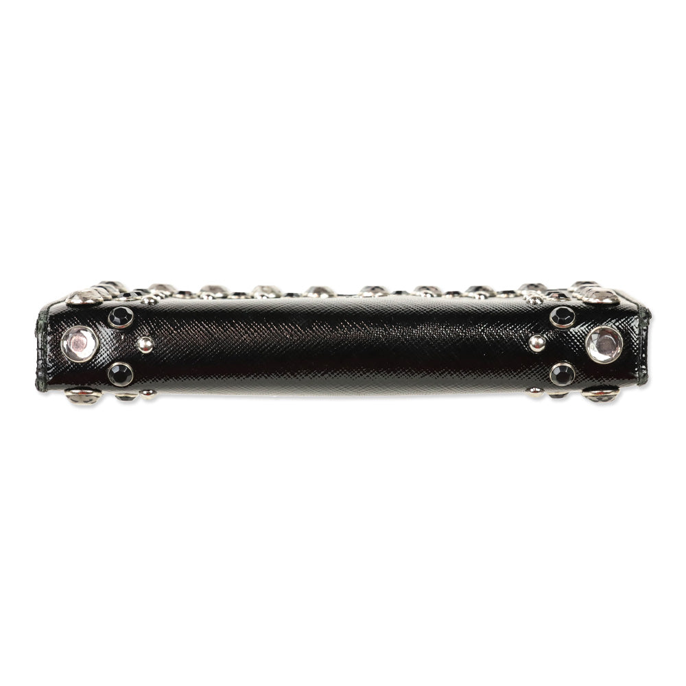 Prada Black Patent Saffiano Leather Crystal Studded Long Bifold Wallet
