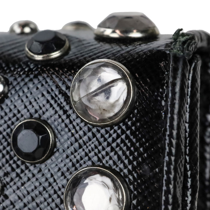 Prada Black Patent Saffiano Leather Crystal Studded Long Bifold Wallet