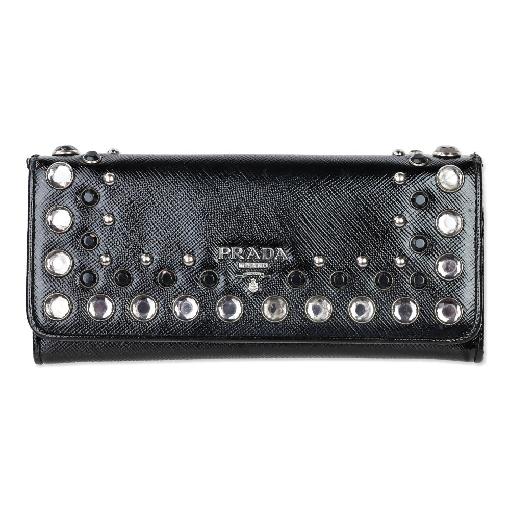 Prada Black Patent Saffiano Leather Crystal Studded Long Bifold Wallet