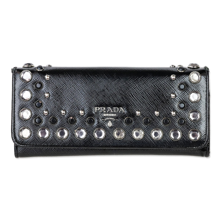 Prada Black Patent Saffiano Leather Crystal Studded Long Bifold Wallet