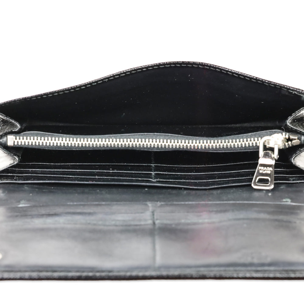 Prada Black Patent Saffiano Leather Crystal Studded Long Bifold Wallet