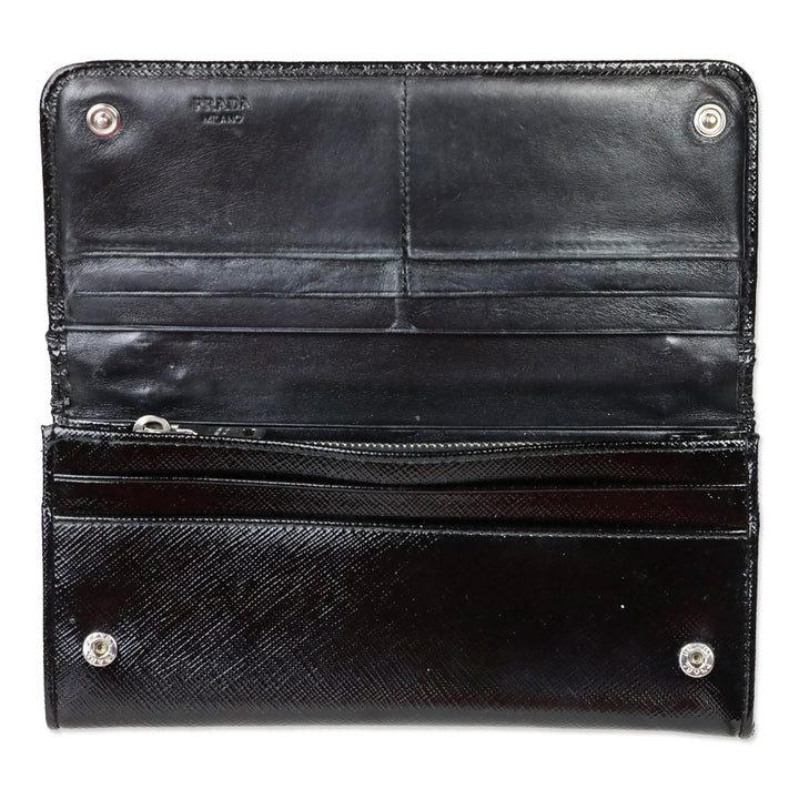 Prada Black Patent Saffiano Leather Crystal Studded Long Bifold Wallet