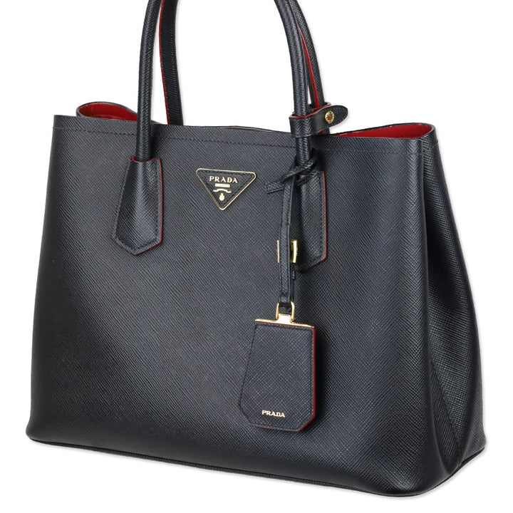 Prada Black/Fiery Red Saffiano Leather Cuir Medium Double Bag