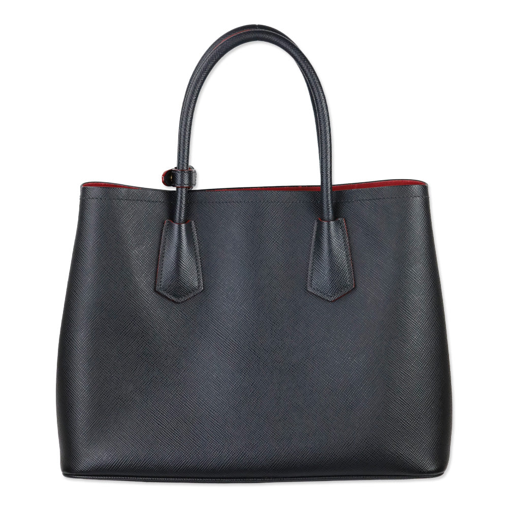 Prada Black/Fiery Red Saffiano Leather Cuir Medium Double Bag